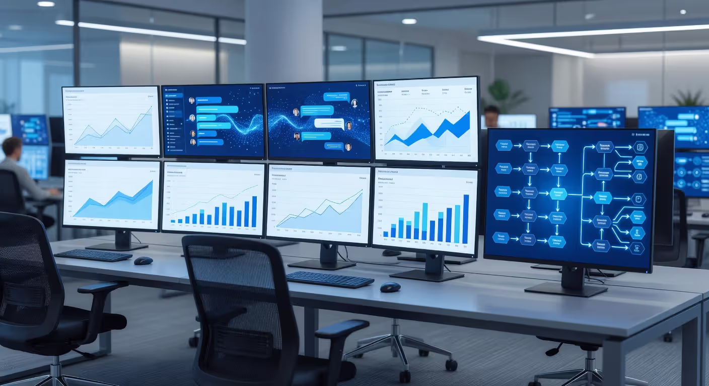 AI customer service agent dashboard showing real-time chat workflows and analytics