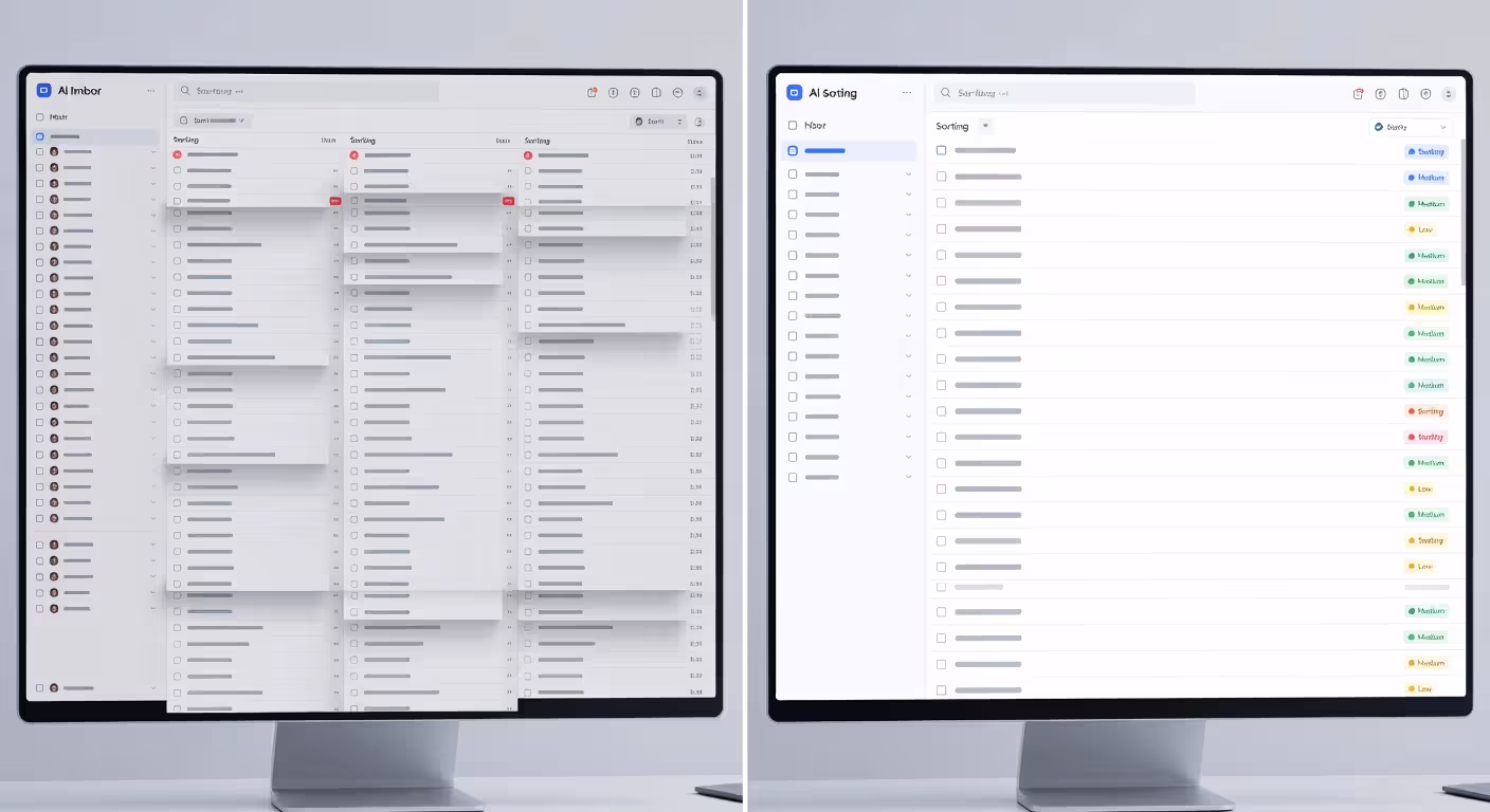 Comparison of traditional email inbox versus AI-organized email interface