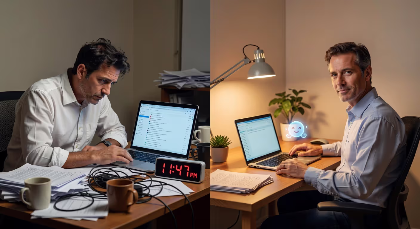 Before and after illustration showing productivity improvement with AI email automation
