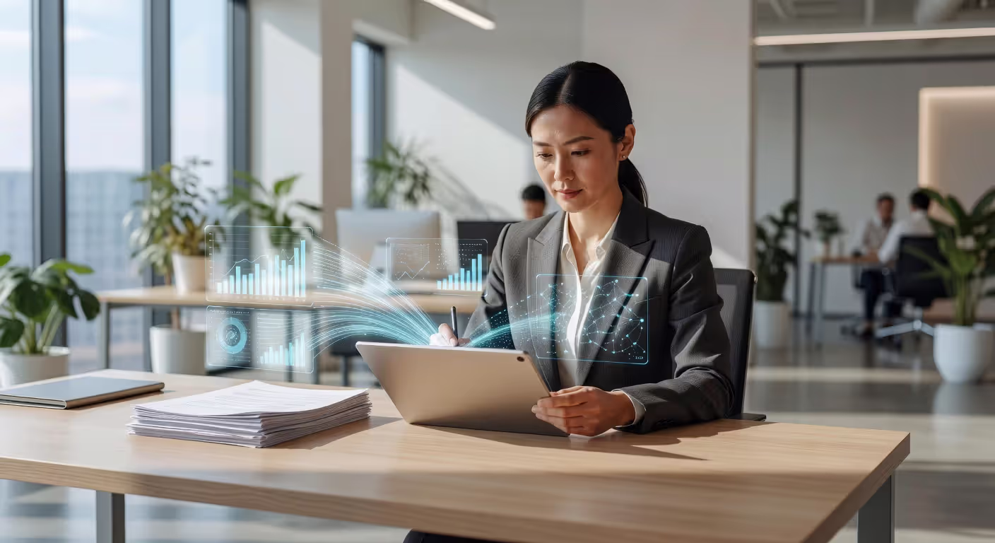 Professional using intelligent document processing technology to review and validate automated data extraction