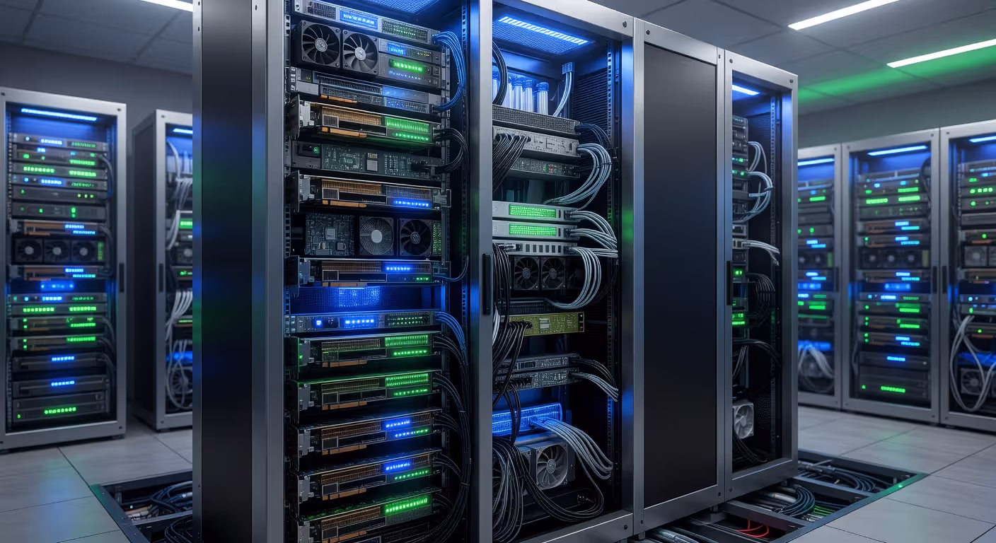 AI data center rack with GPU servers and networking infrastructure