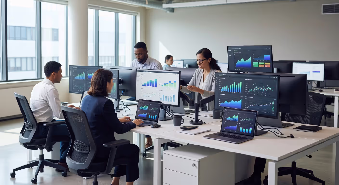 Multiple data visualization software platforms displayed on screens