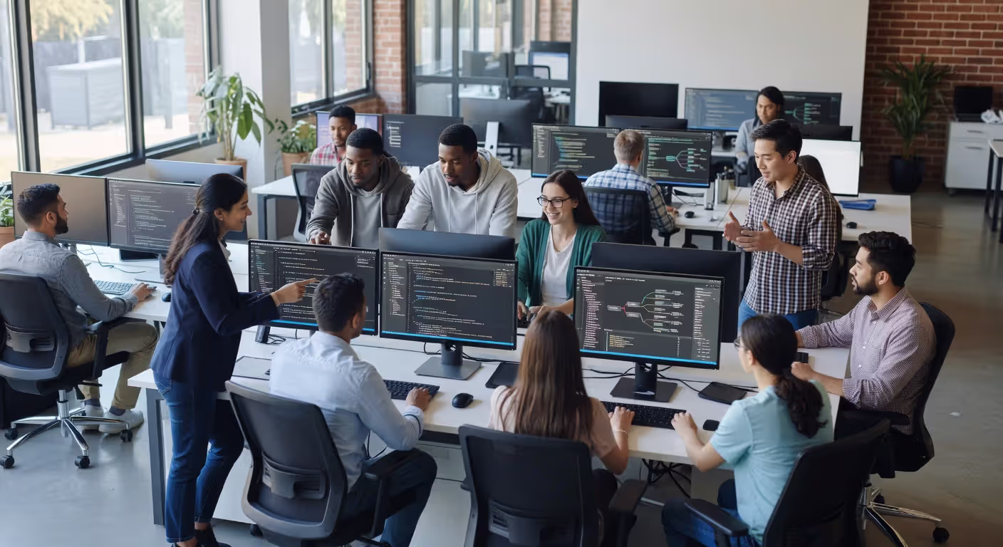 DevOps team collaborating on software development and operations