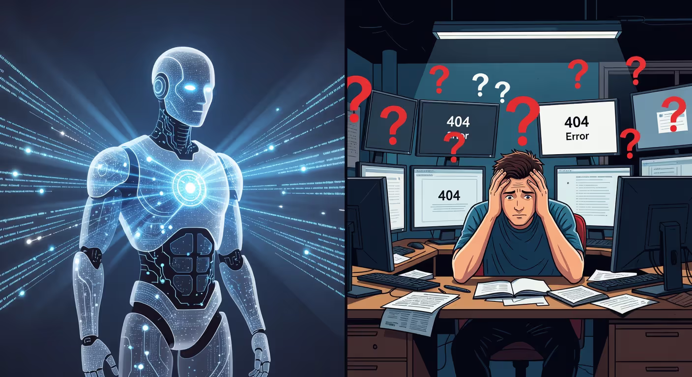 Visualization of AI confidently generating false information while user discovers citations don't exist