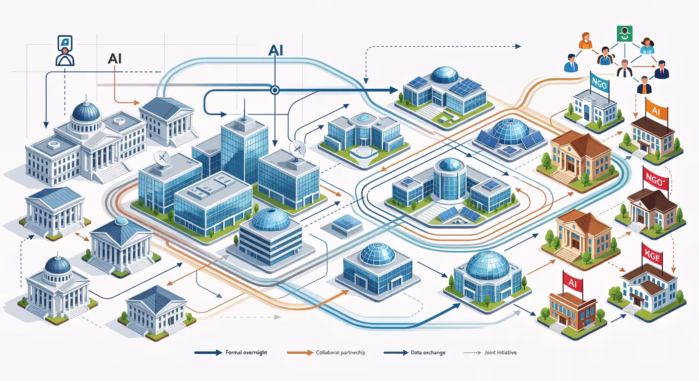 Multi-stakeholder AI governance ecosystem showing connections between institutions