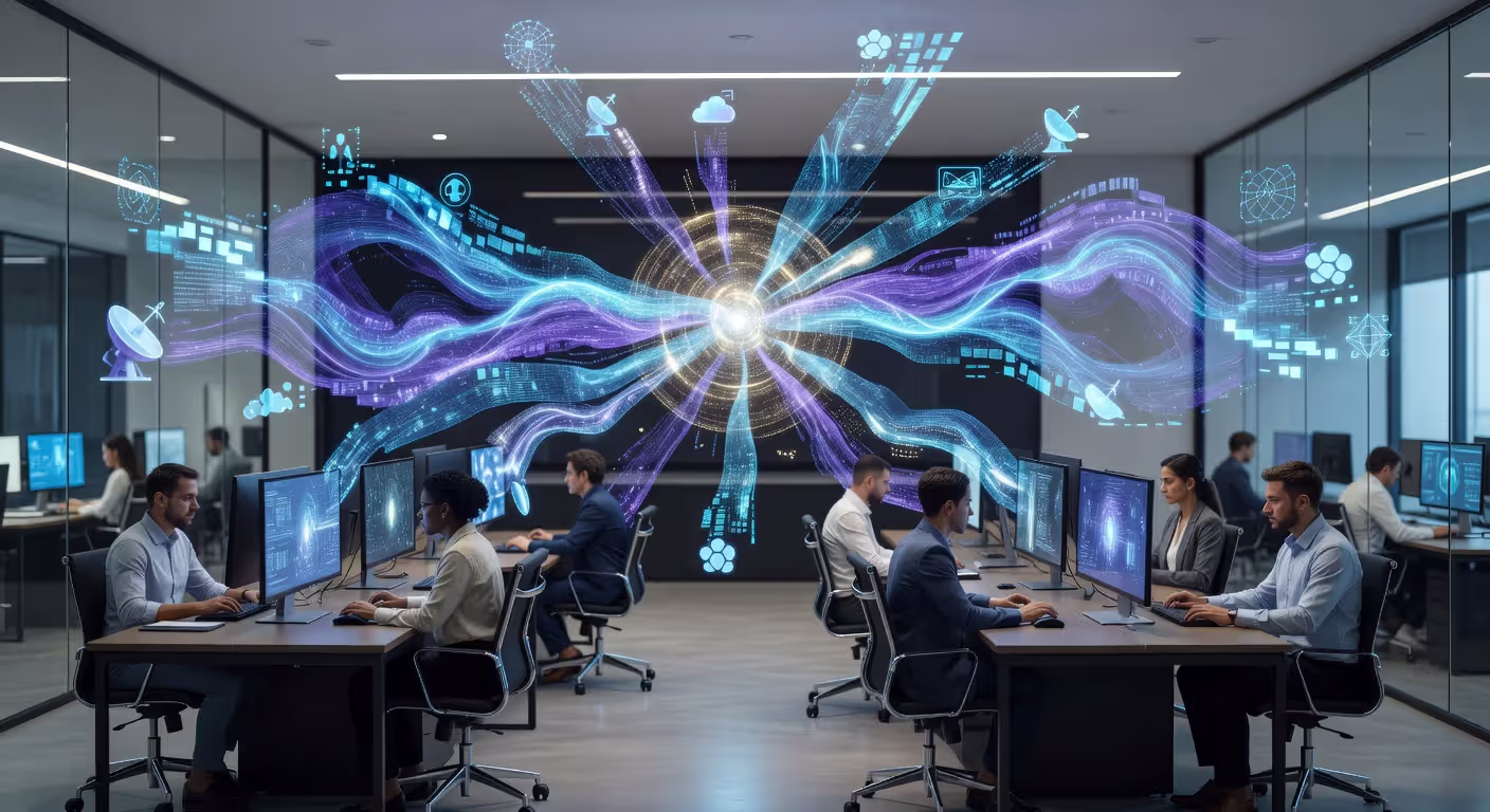 Professionals using RAG-powered knowledge systems in a workplace setting