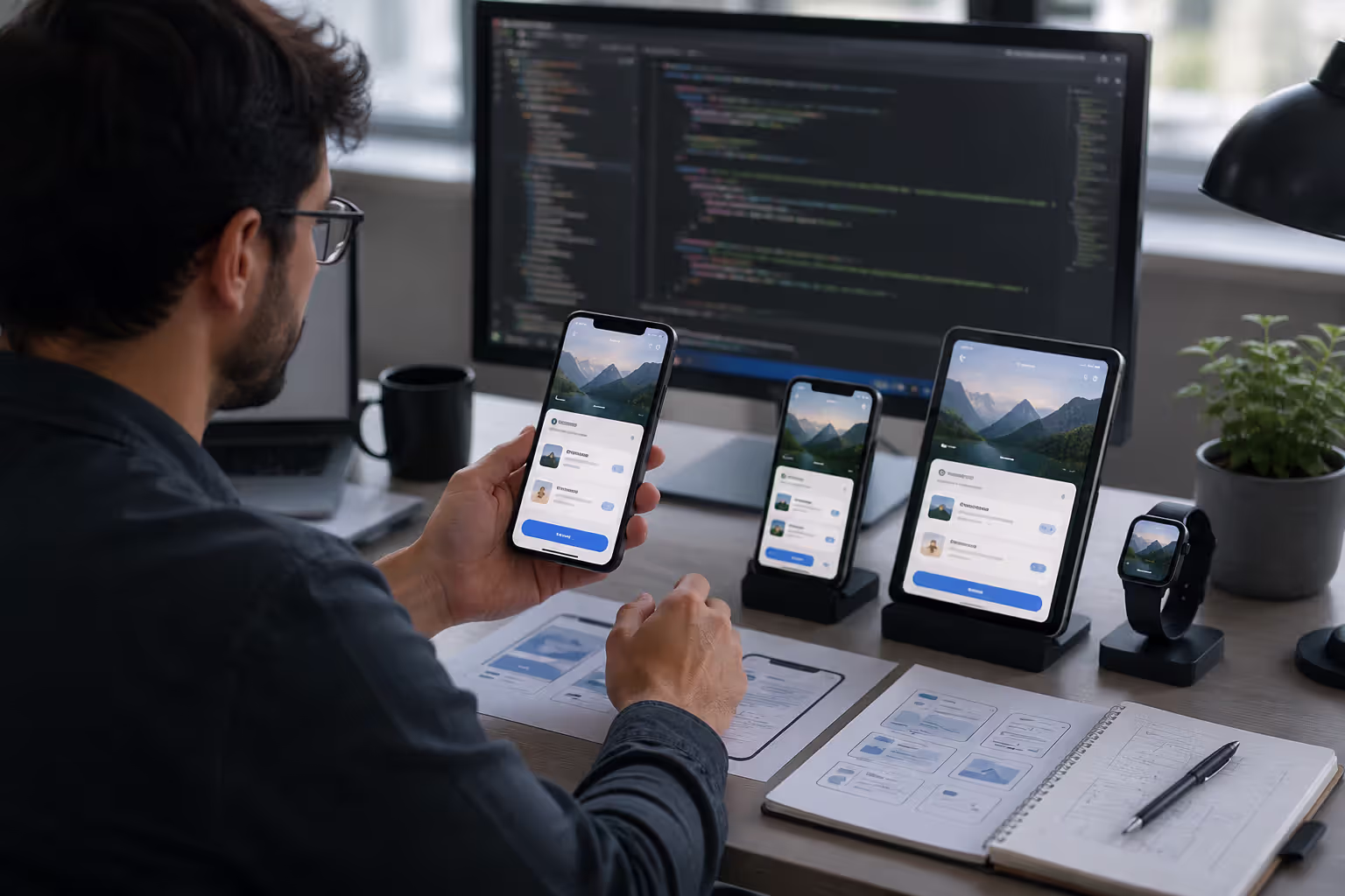Developer testing AI-built mobile app on multiple devices