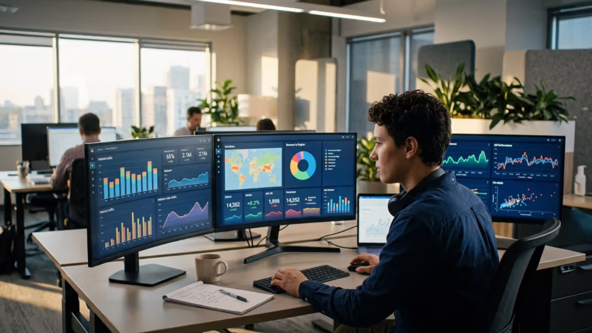 Data analyst reviewing interactive dashboards and business charts