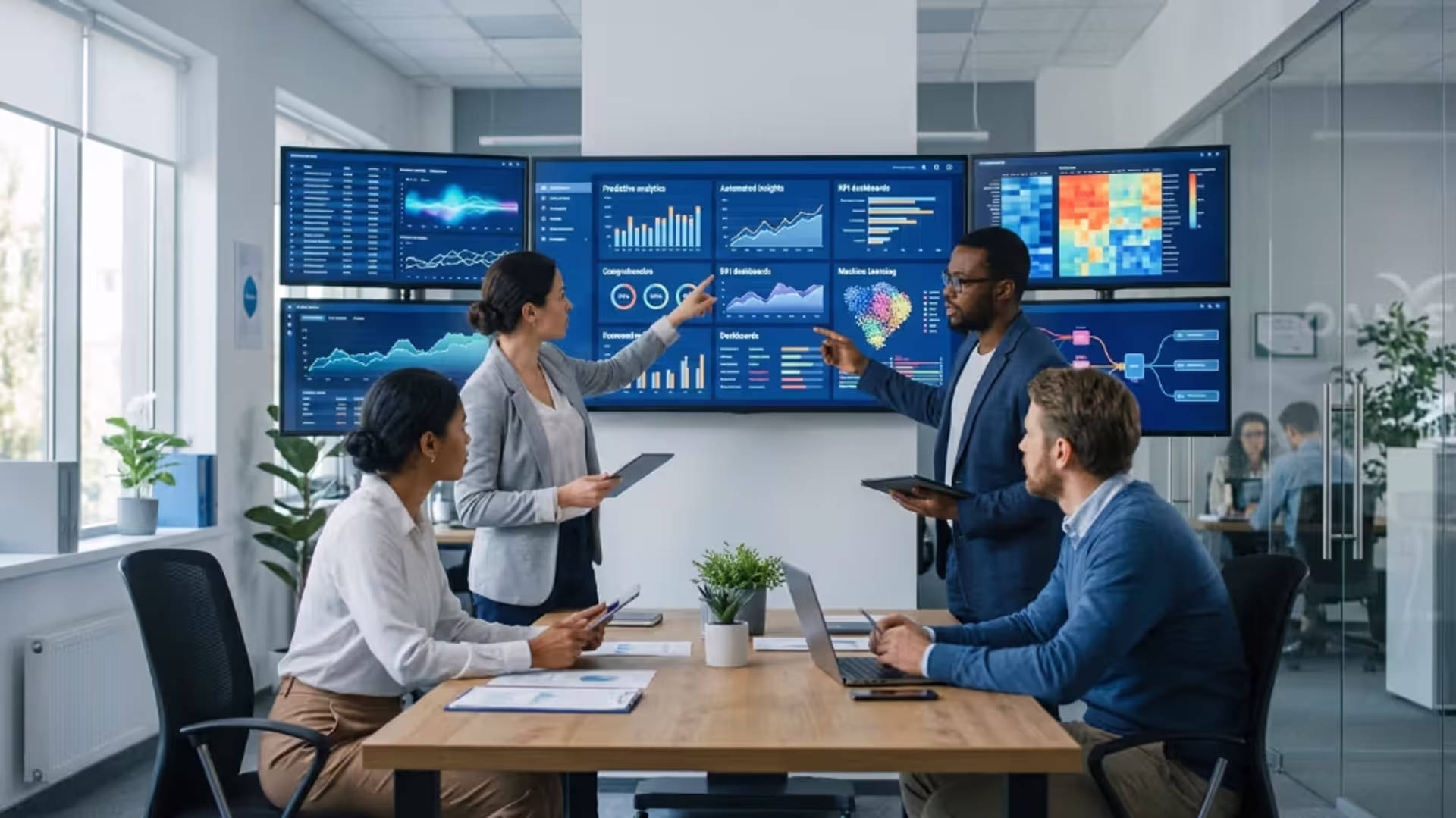 Business team analyzing data with AI-powered analytics dashboards