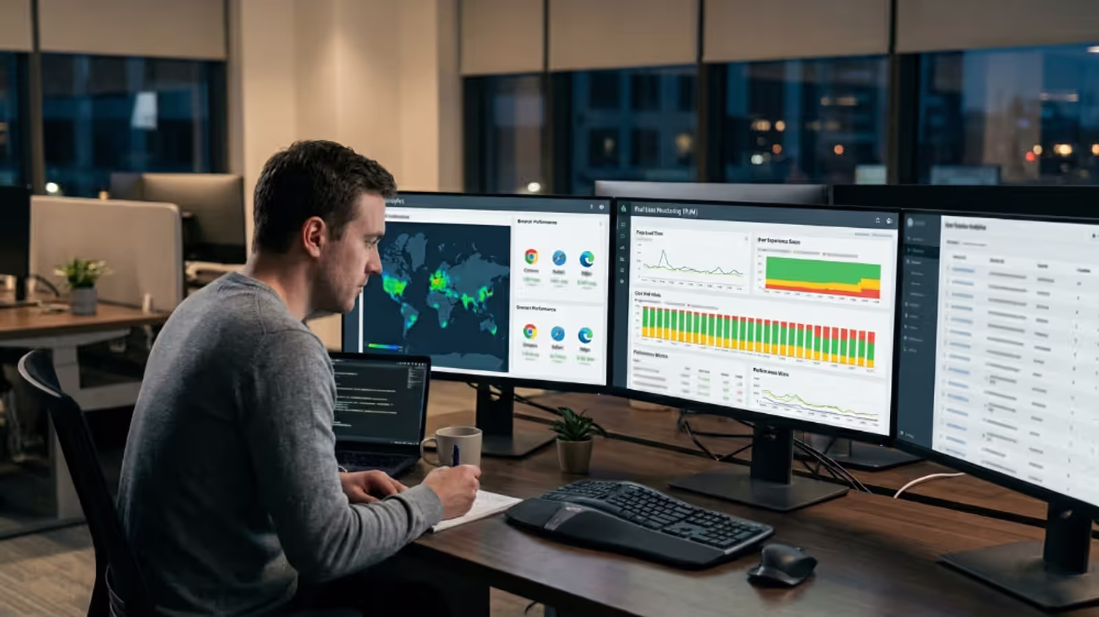 Data analyst reviewing real user monitoring dashboards and website performance metrics