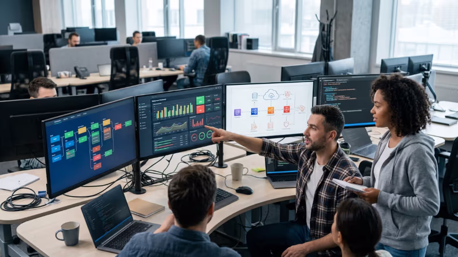 DevOps team collaborating on software deployment and infrastructure automation