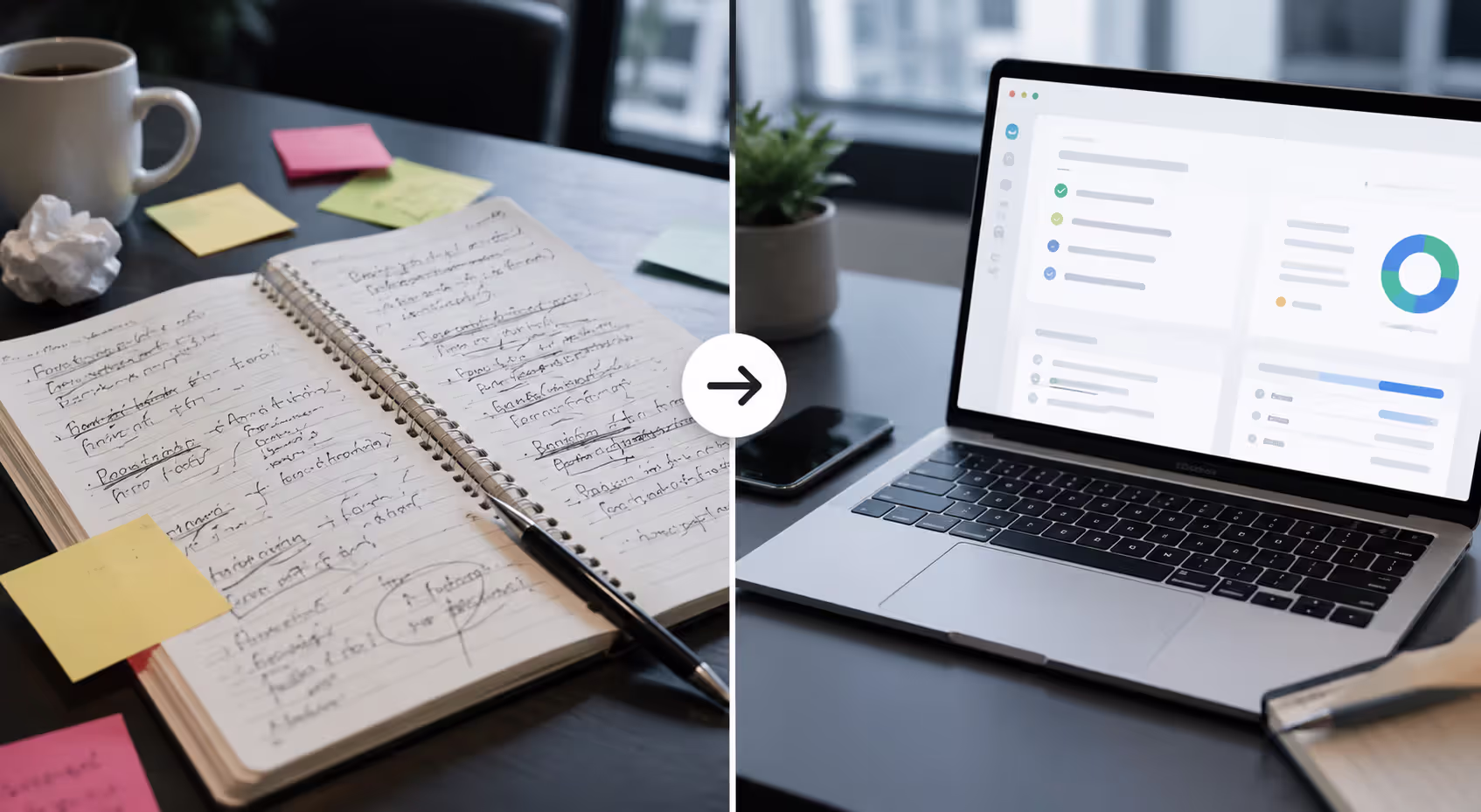 Before and after comparison of manual meeting notes versus AI-generated structured summary