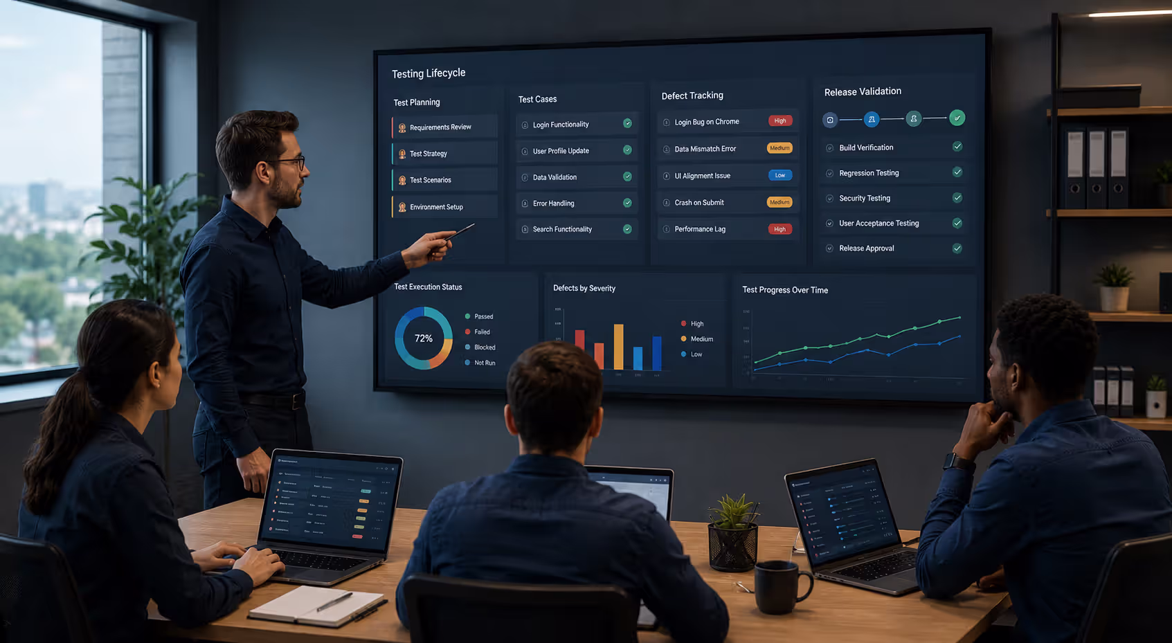 Software testing lifecycle workflow with planning, execution, and defect tracking