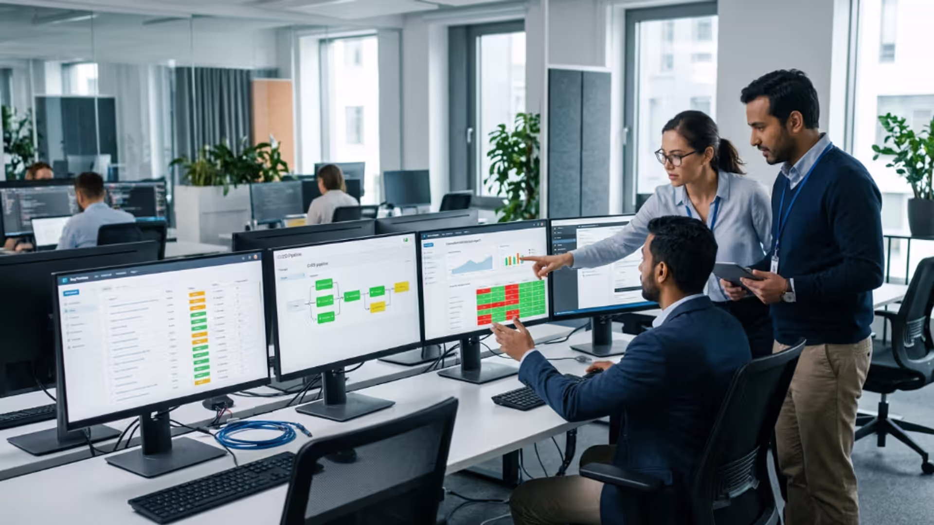 QA engineers monitoring automated software testing and bug tracking dashboards