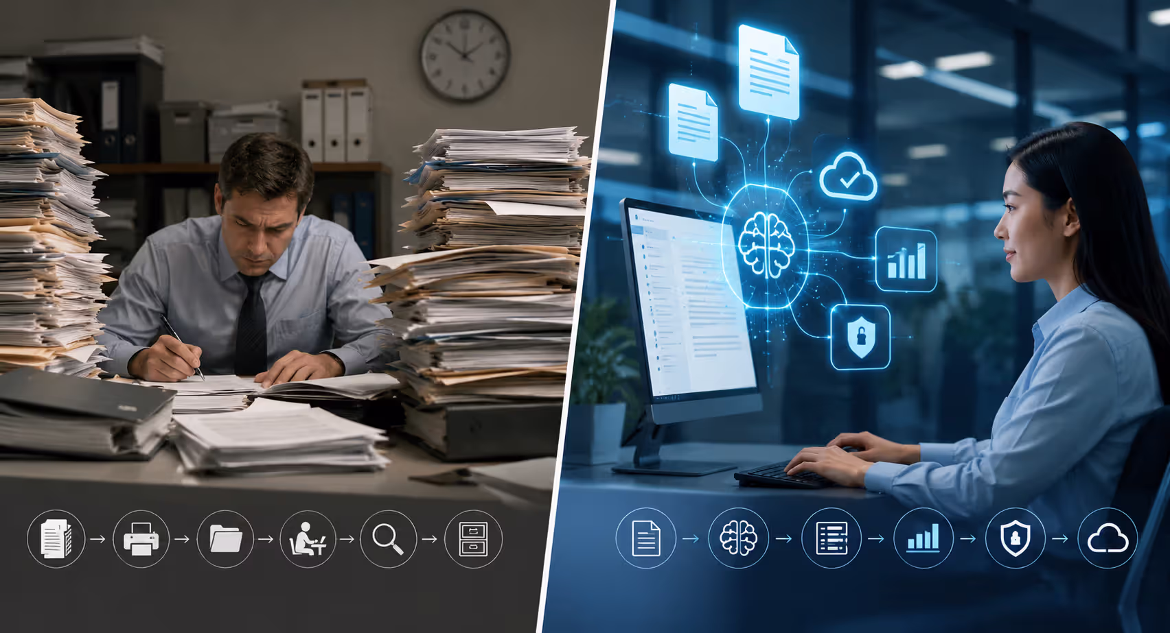Traditional paper document processing versus digital intelligent document processing workflow