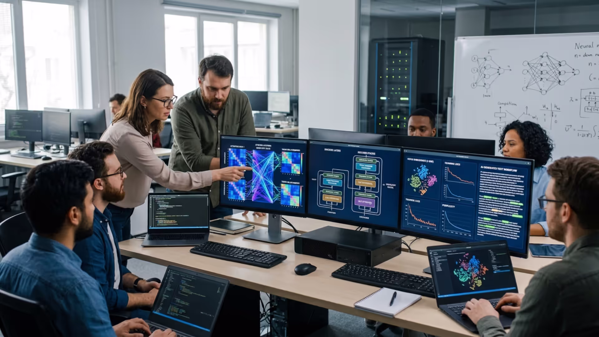 AI researchers analyzing transformer architecture, attention mechanisms, and large language model technology in a modern workspace