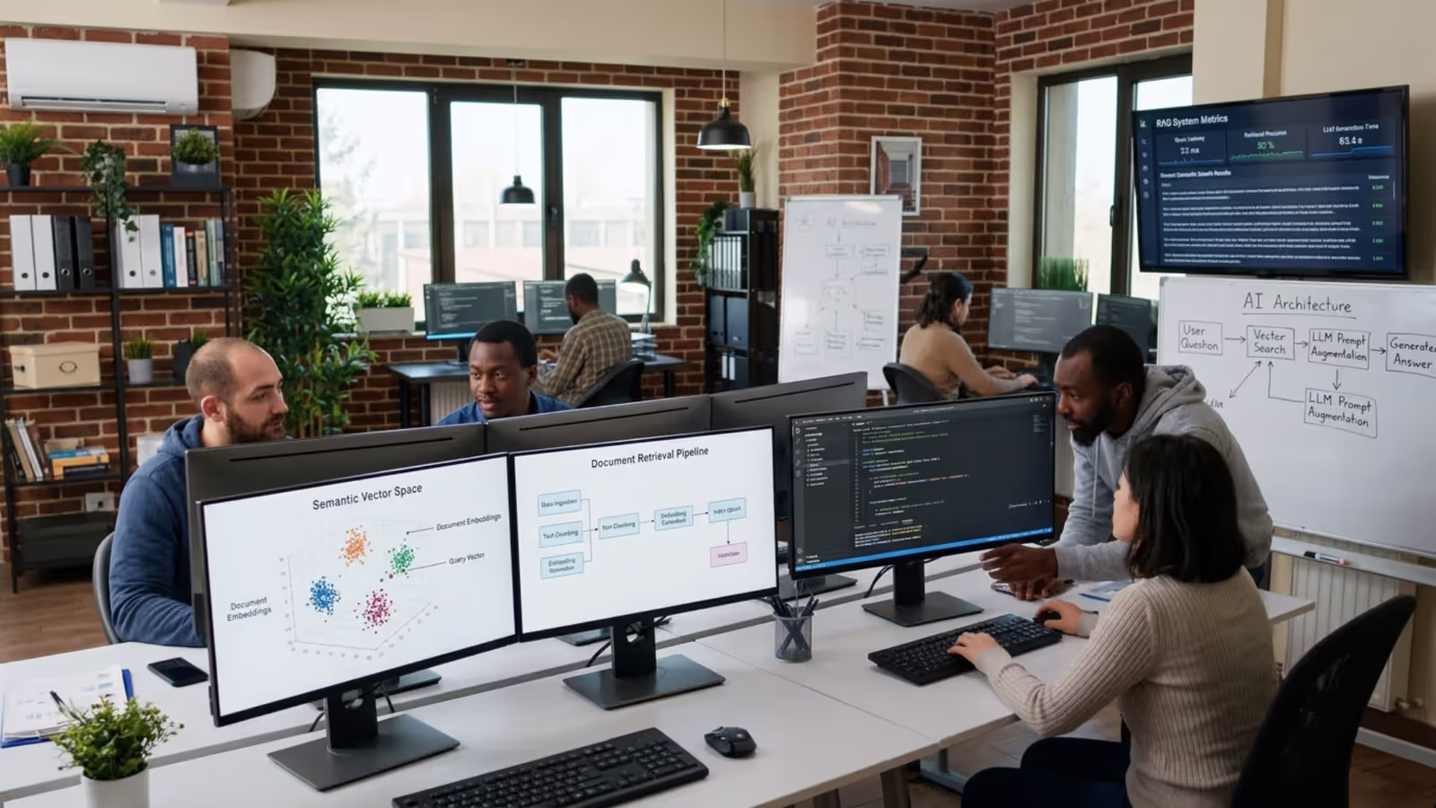 AI engineers developing a RAG system that combines semantic search, document retrieval, and large language models for accurate answers
