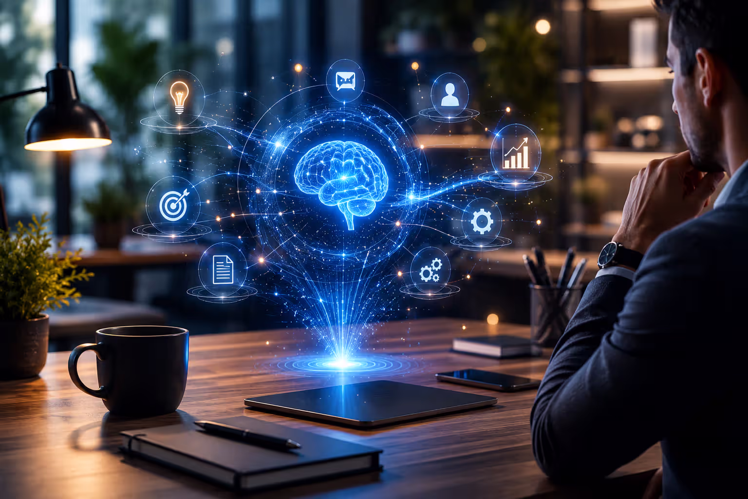 AI executive assistant interface managing multiple tasks on a modern desk