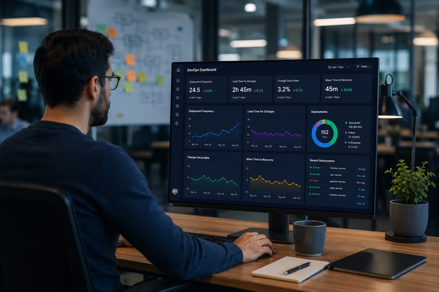 DevOps metrics dashboard showing key performance indicators