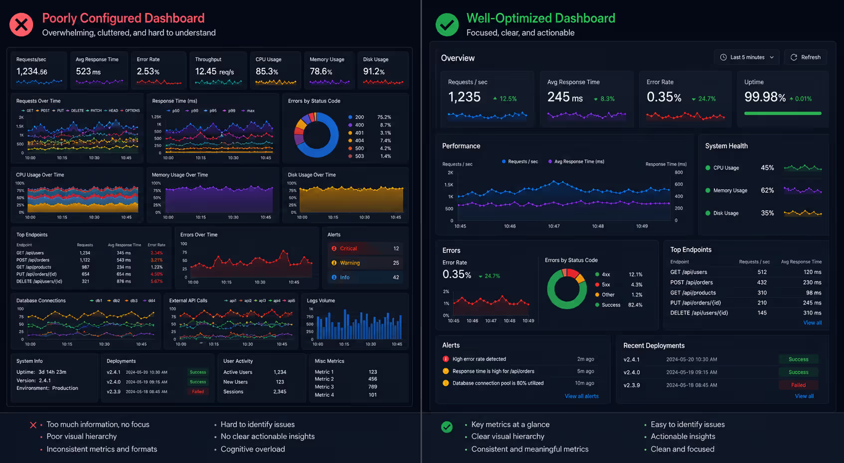 Comparison of poorly configured versus well-optimized monitoring dashboard