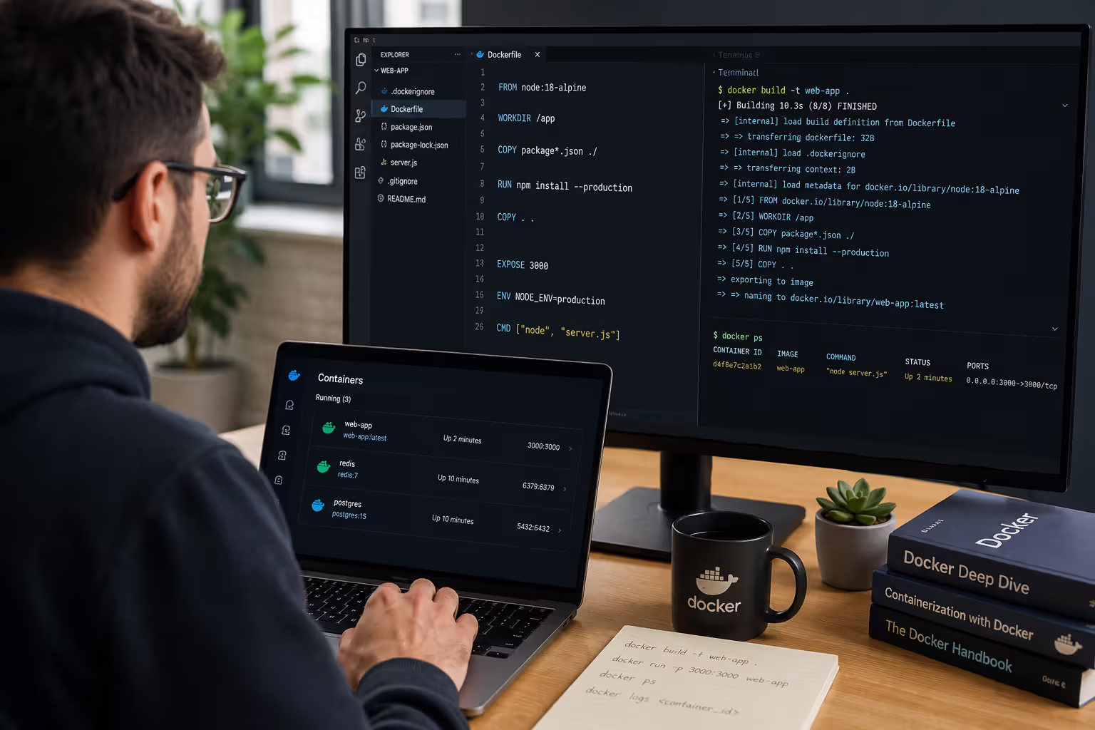 Developer working with Docker containers and Dockerfile