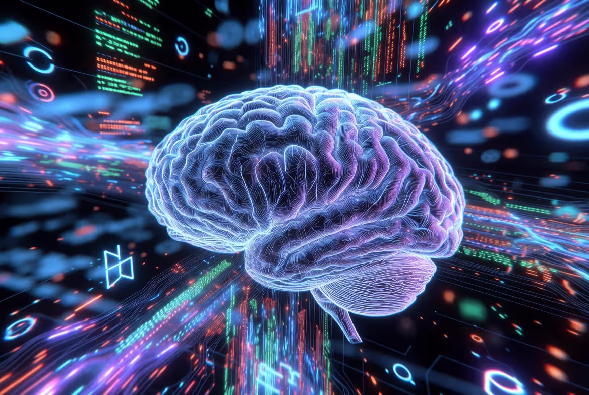 Futuristic glowing AI brain made of neural networks and digital code, surrounded by vibrant blue and purple light streams in a dark cyber space