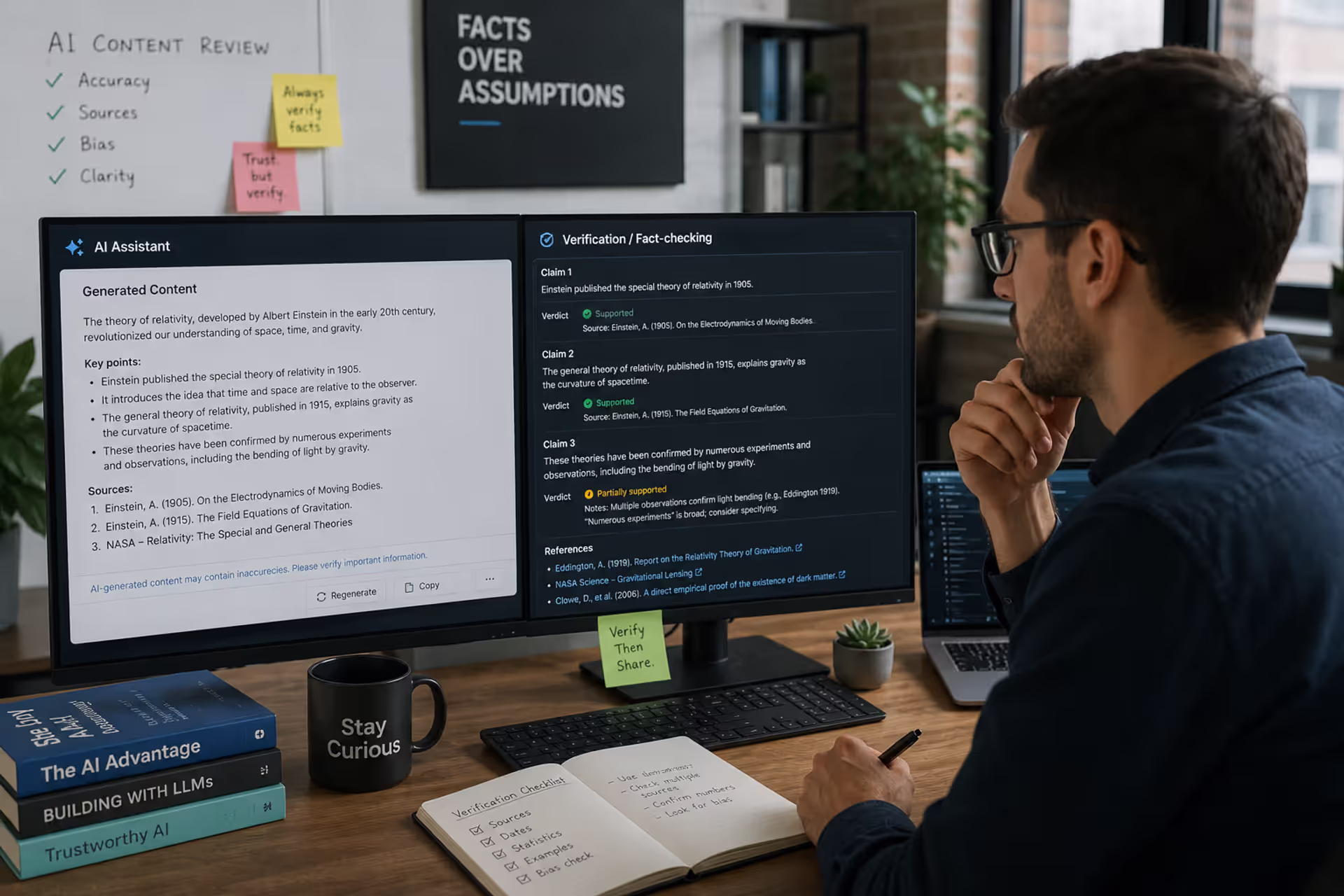 Technology professional reviewing AI-generated content and verifying information accuracy in a modern workspace